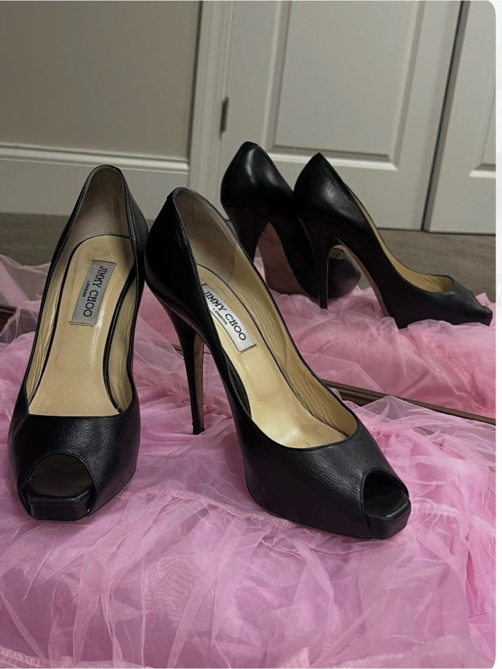Jimmy Choo Black Leather Peep-Toe Stilettos Size 9